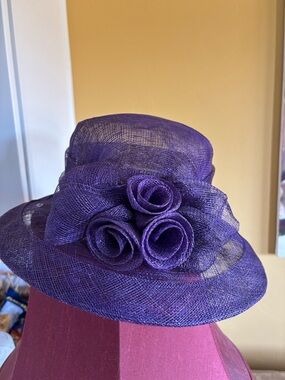 Vintage 60s?  Purple Straw Easter Bonnet w flowers Straw Hat